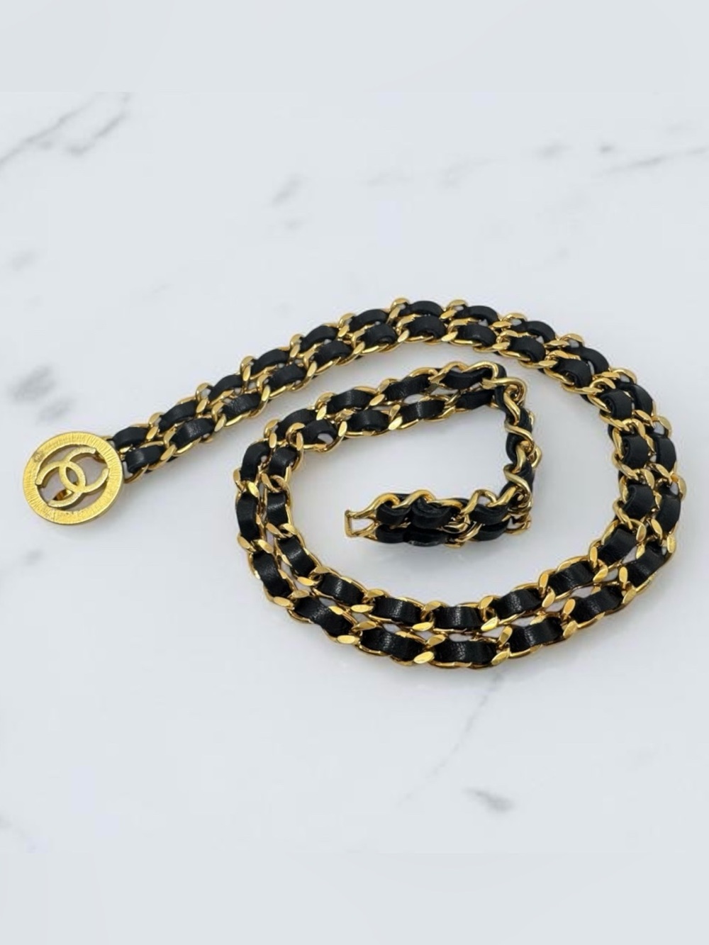 ✨🛍️ Chanel Black Leather Woven Gold-Plated Belt